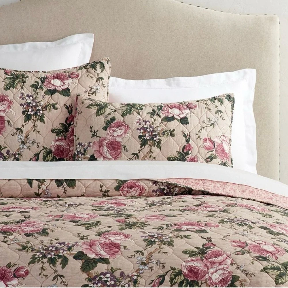 Pottery Barn Adelise Reversible Cotton Linen Floral Quilt Queen